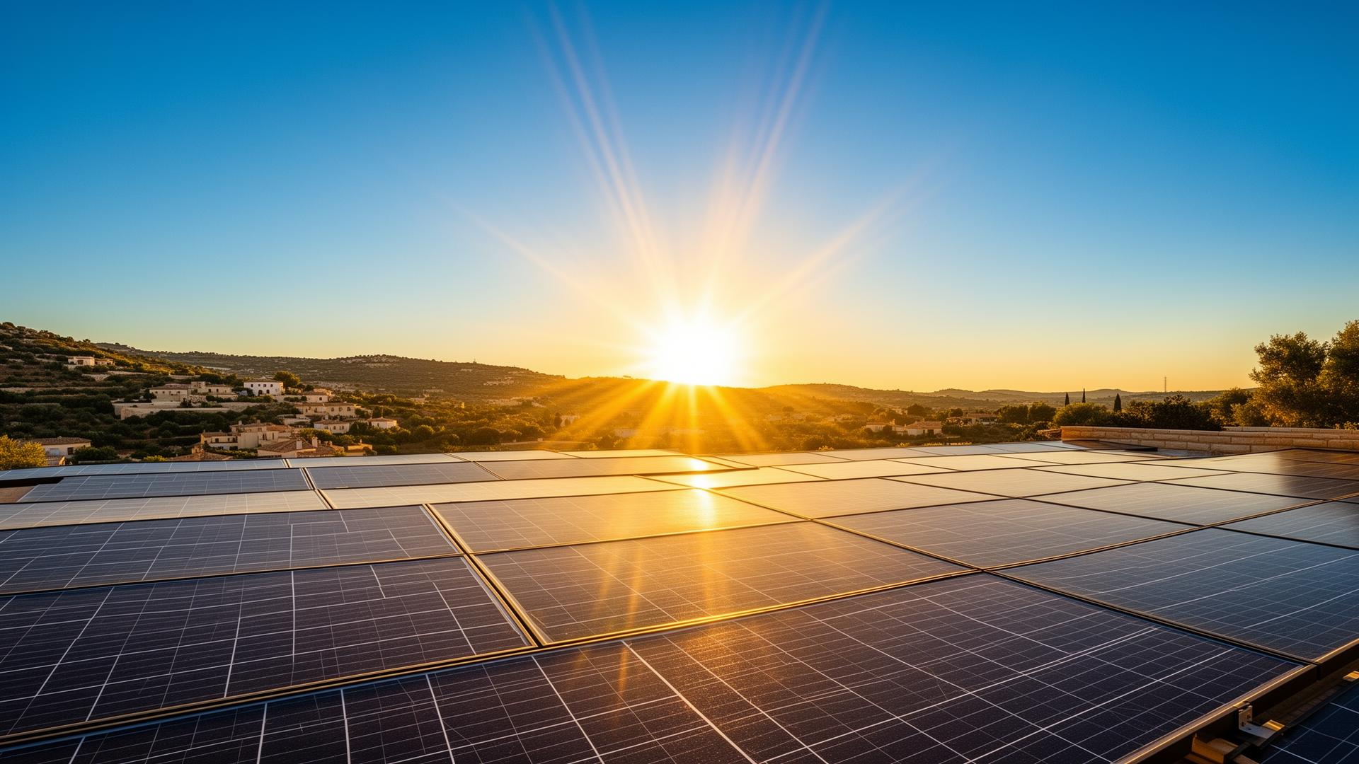 Placas solares con el sol al fondo en Almería